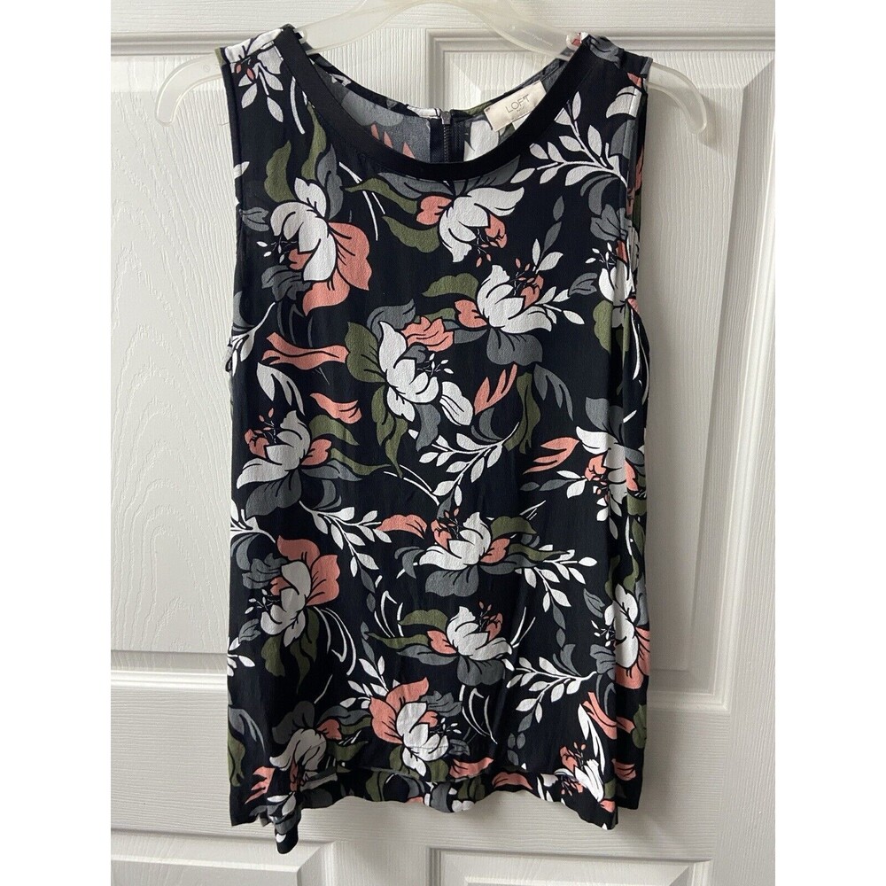 Loft Tank Top Womens Size Small Navy Blue White Pink Floral Round  Neck Flowy